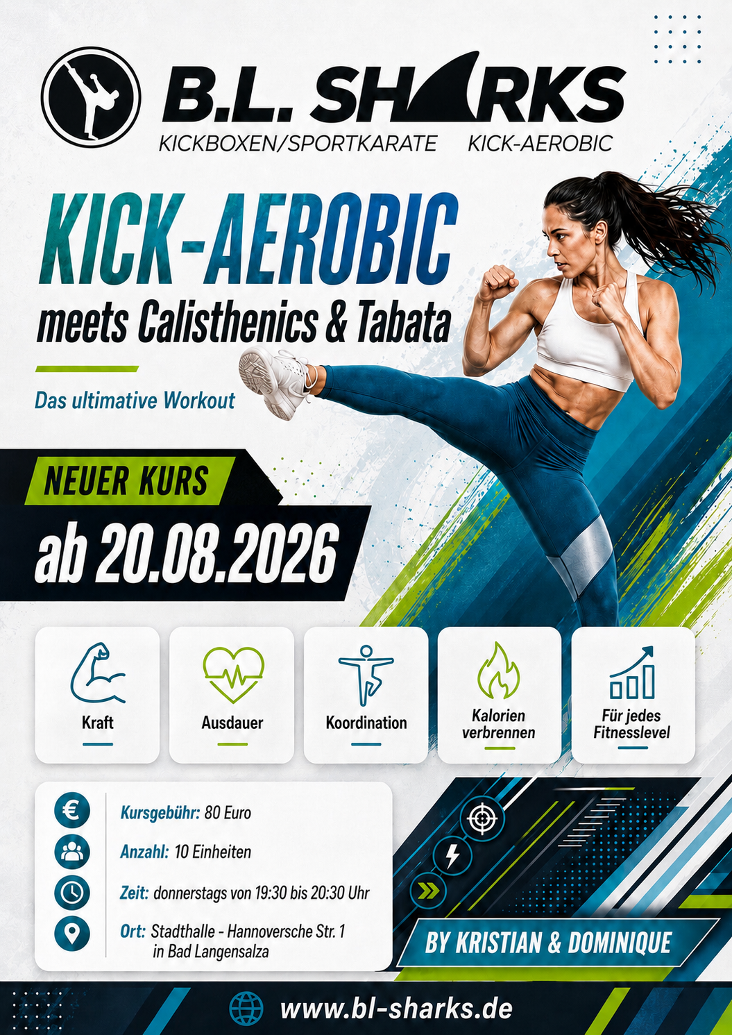 Flyer: Kick-Aerobic meets Calisthenics & Tabata — neuer Kurs ab 20.08.2026, donnerstags 19:30–20:30 Uhr in der Stadthalle Bad Langensalza, Kursgebühr 80 Euro für 10 Einheiten, geleitet von Kristian & Dominique.